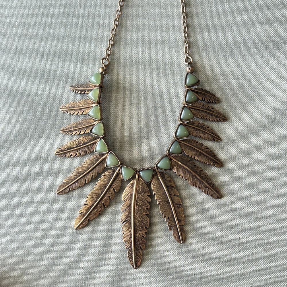 Gold and Opal Green Bohemian Feather Statement Necklace